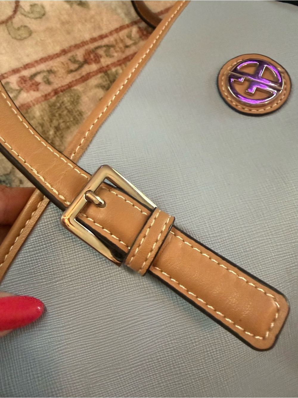 Light Blue and Tan Shoulder Tote with Circle Logo Accent - Picture 11 of 11